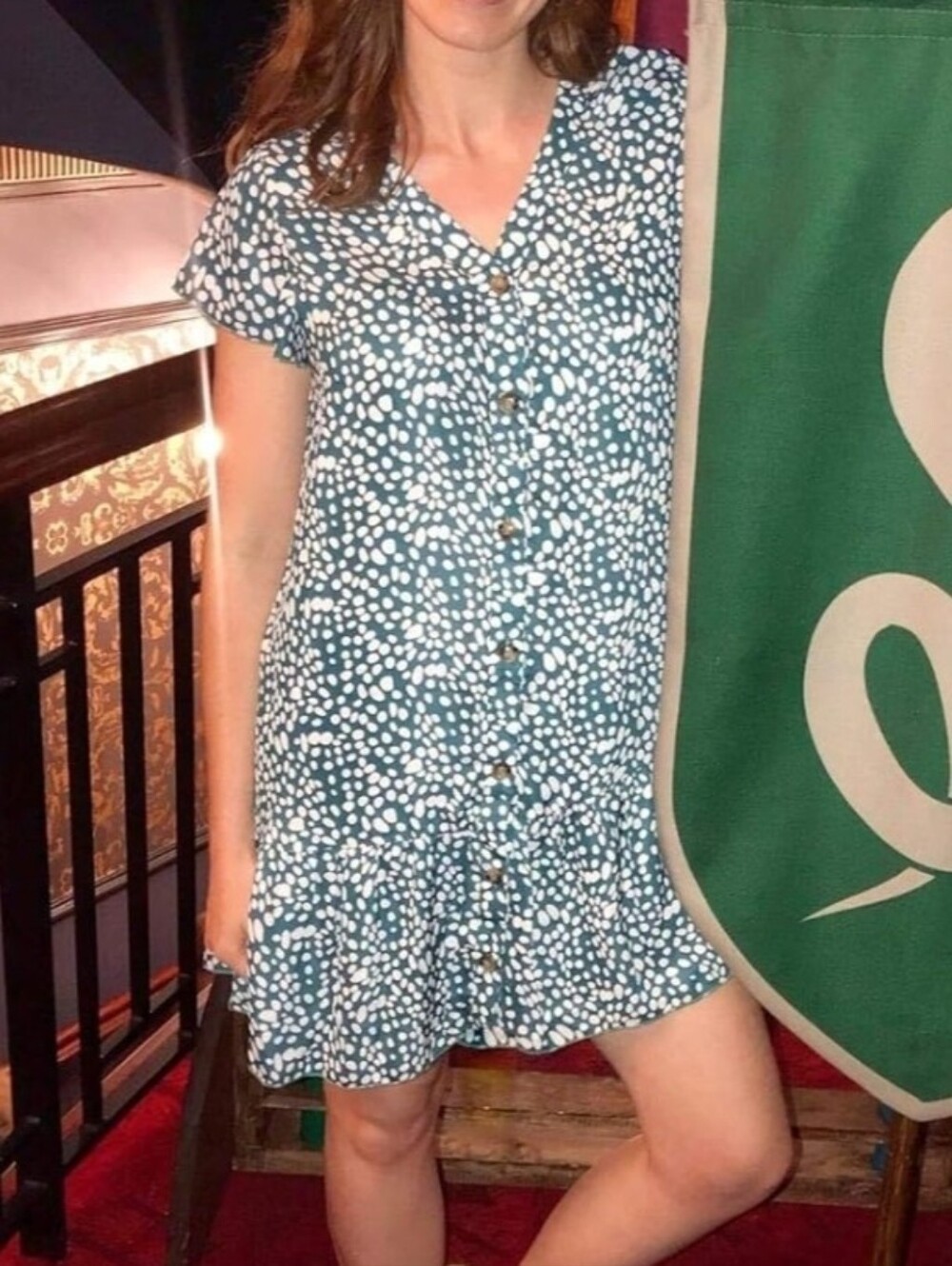Casual Green and White Polka Dot Button-Front Dress - Picture 3 of 9